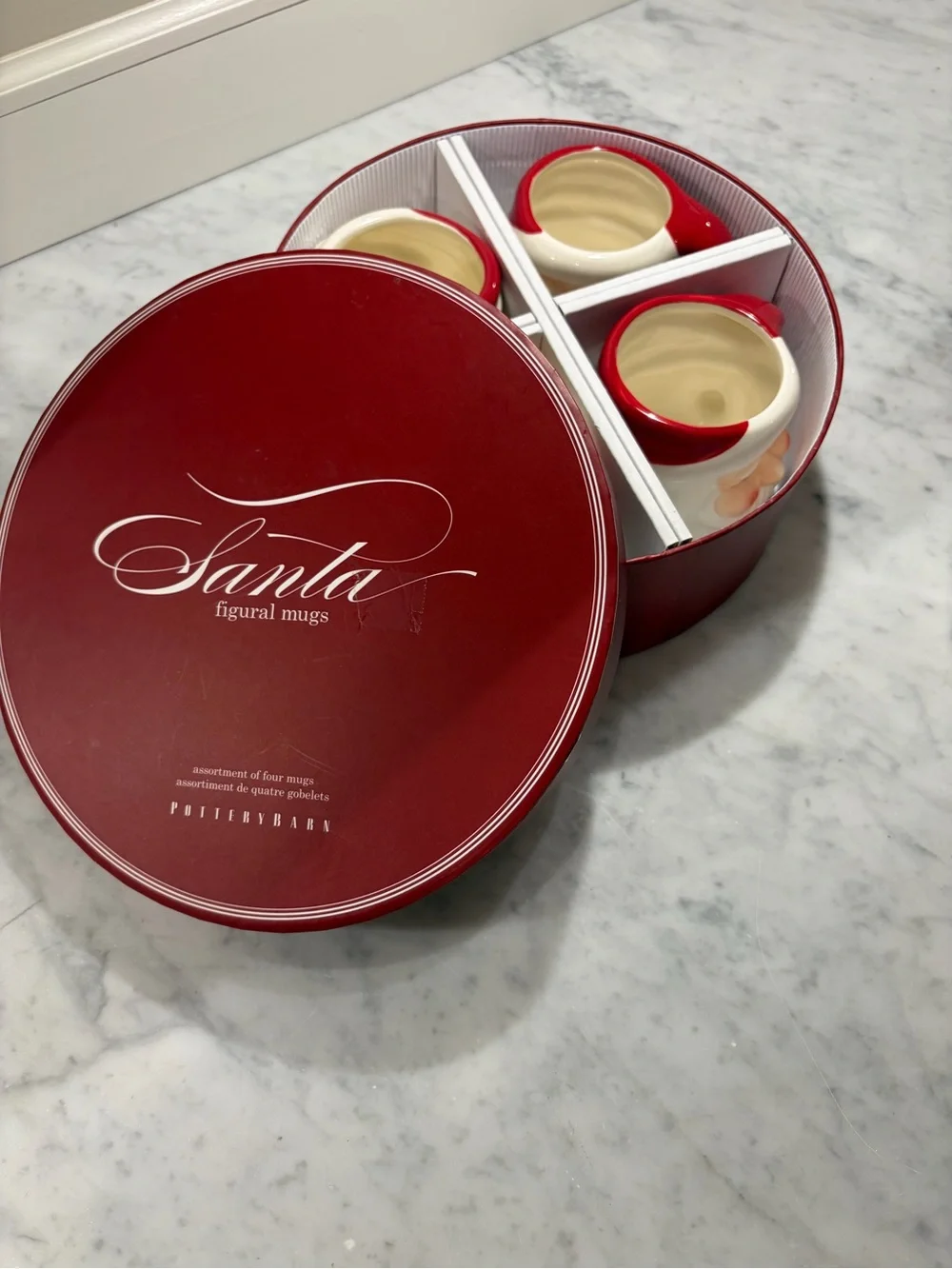 New in Box Pottery Barn Holiday Santa Figural Ceramic 4 Mug Set -